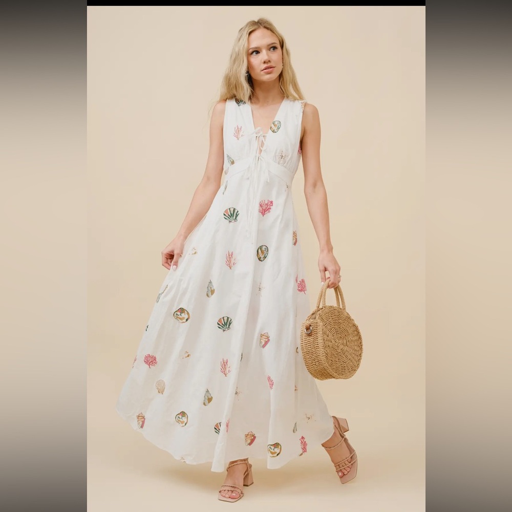White Shell-Print Maxi Dress